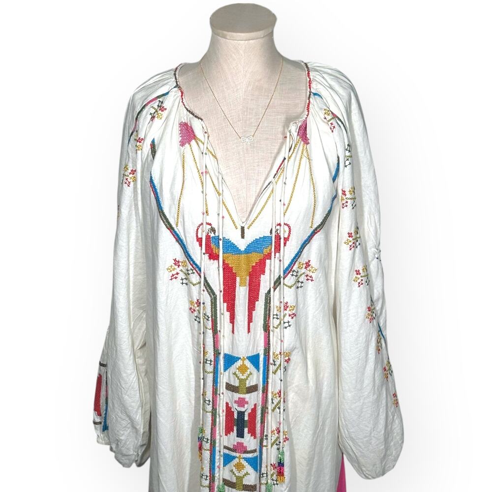 FARM RIO Macaw Embroidered Beaded Maxi Dress Caftan Tapestry Ethereal Wedding - Picture 5 of 15